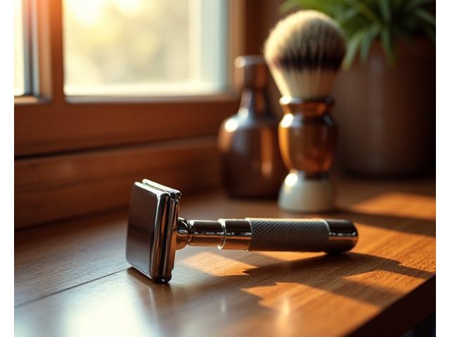 A finely crafted safety razor and a hand-turned shaving brush resting on a smooth wooden counter, bathed in warm, soft light. Represents the core of traditional wet shaving, quality, and meticulous care.