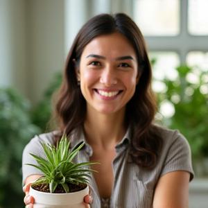 A friendly portrait of Sarah Lopez, with a bright smile, engaging directly with the camera. She represents warmth and connection, holding a small plant, hinting at sustainability.