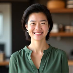 A portrait of Emily Chen, the founder of Quartz Quench, smiling warmly, with a stylish, modern haircut. She emanates expertise and approachability.