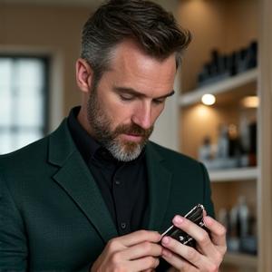 A professional headshot of David Miller, looking thoughtful and engaged, holding a classic safety razor. His expression conveys knowledge and attention to detail.