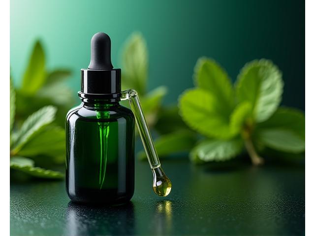 A dropper bottle of Emerald Essence Aftershave Oil with vibrant plant extracts in the background