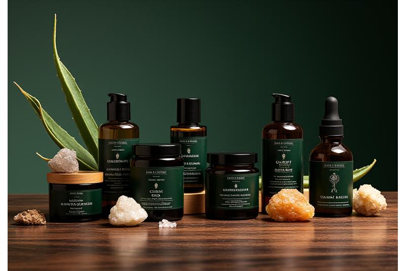 A luxurious array of Quartz Quench aftershave balms and oils with natural ingredients like aloe vera and sandalwood on a polished dark wood surface, softly lit