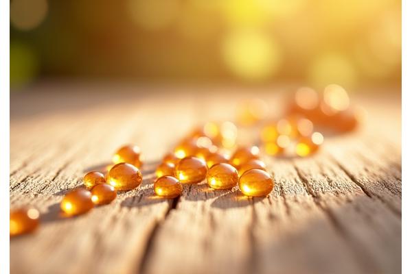 Droplets of golden jojoba oil on a natural wooden surface with blurred jojoba seeds in the background