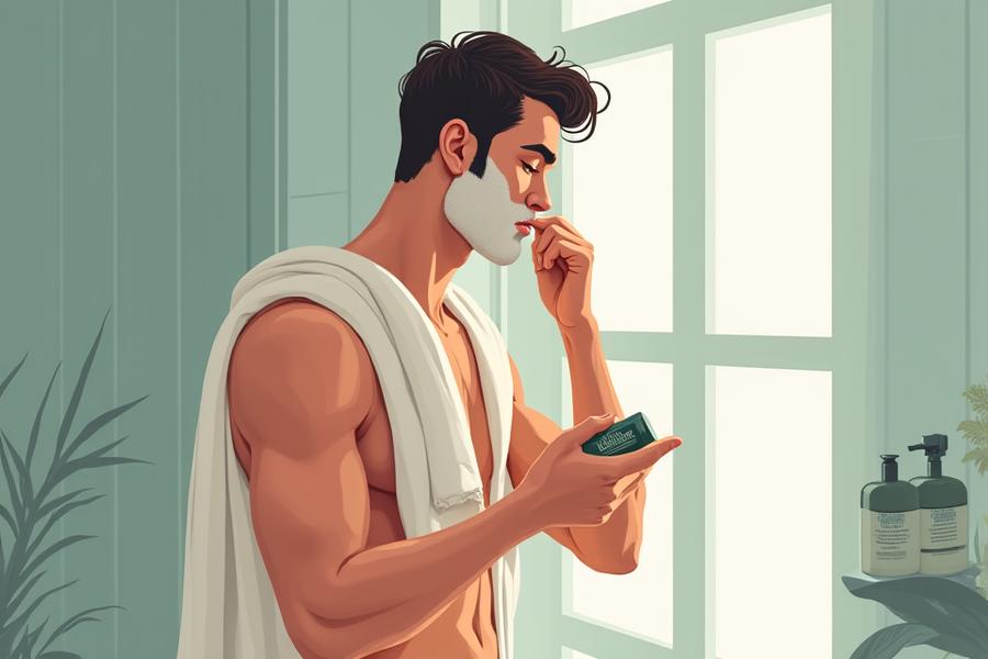 Illustration of a man performing a post-shave routine, applying product to his face in a refined bathroom setting