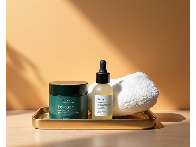 A stylishly arranged kit containing aftershave balm, oil, and a small towel, branded with Quartz Quench