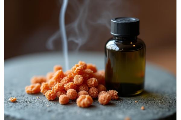 Close-up of sandalwood chips and essential oil bottle in a serene, spa-like setting