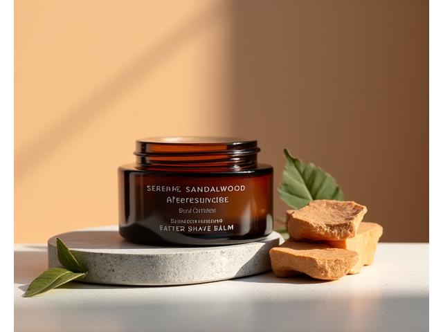 A sleek, minimalist bottle of Serene Sandalwood Aftershave Balm next to natural sandalwood pieces
