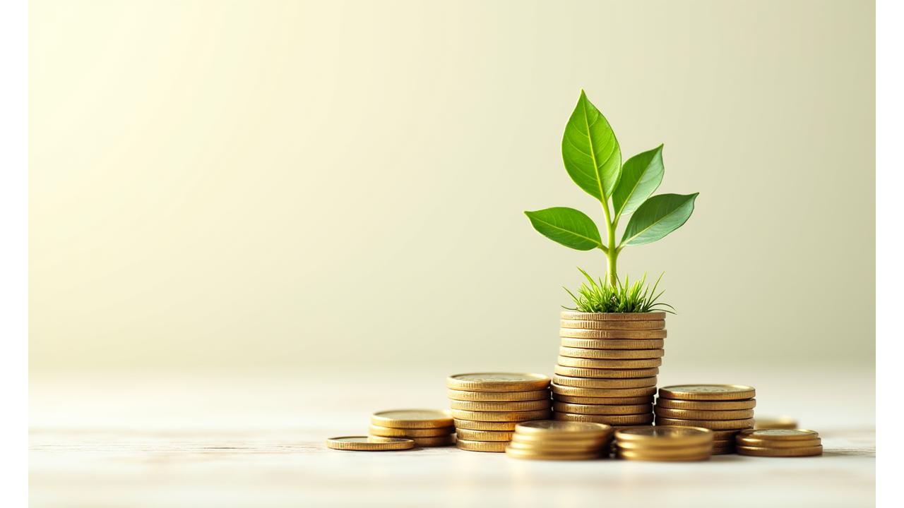 A visual representation of savings: a stack of coins growing into a lush plant, illustrating financial growth alongside environmental benefit, set against a clean, modern background.