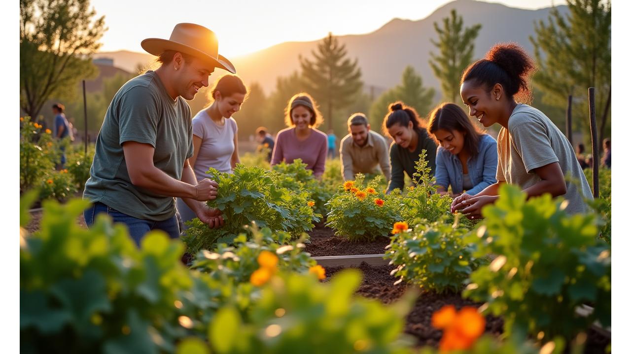 A vibrant community garden in Denver, with diverse people tending to plants, representing local environmental initiatives and community partnerships, bathed in soft, warm sunlight.