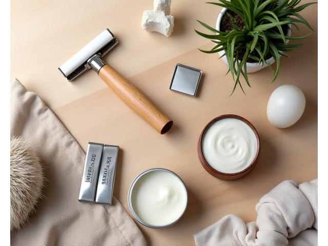 An elegantly arranged eco-friendly shaving starter kit, featuring a wooden-handled safety razor, a small tin of organic shaving cream, and a recyclable razor stand, presented on a natural wood surface with soft light.