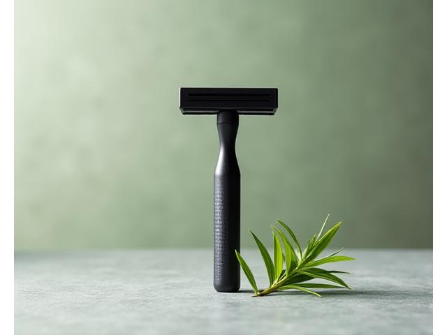 A sleek, matte black safety razor with a reusable blade, standing upright on a polished concrete surface beside a small sprig of bamboo, highlighting its durable and sustainable design.