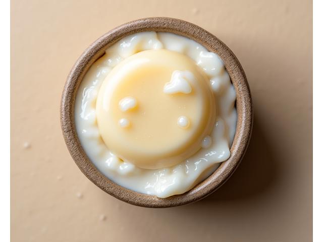 A luxurious, creamy shaving soap puck in a reusable ceramic bowl, surrounded by soft, rich lather and a wet badger brush, emphasizing natural ingredients and a traditional shave.