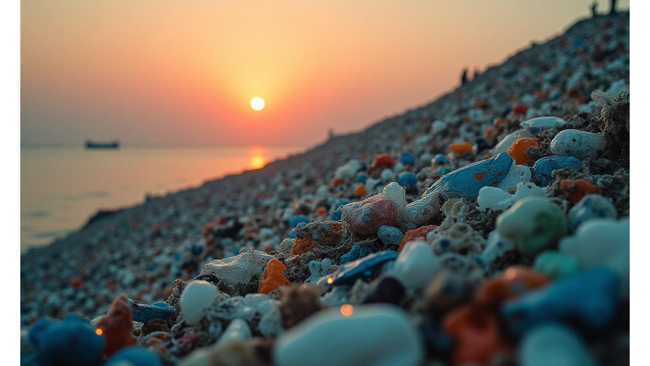 A stark visual representation of overflowing plastic bathroom waste, primarily disposable razors and plastic packaging, discarded in a landfill setting during sunset, emphasizing the scale of the environmental crisis.