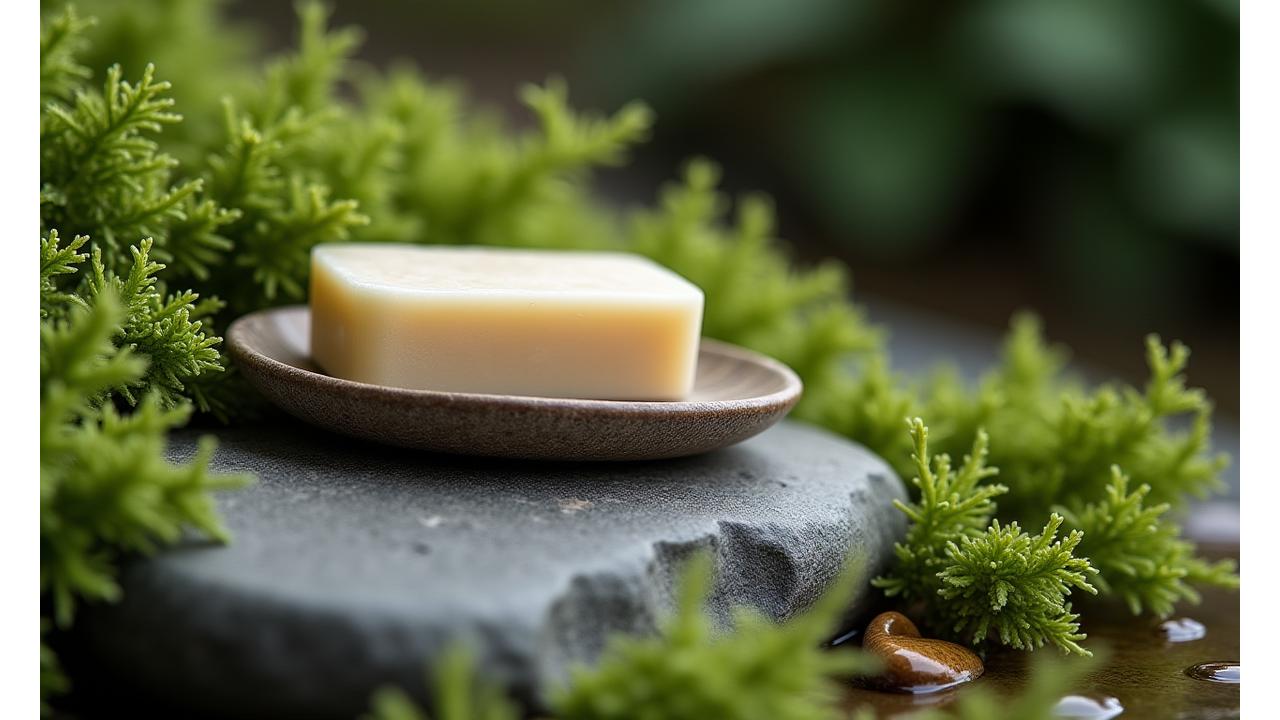 A close-up of a stylish zero-waste safety razor and a solid shaving soap bar resting on a smooth grey stone, surrounded by lush green leaves, evoking a sense of natural purity and sustainable luxury.