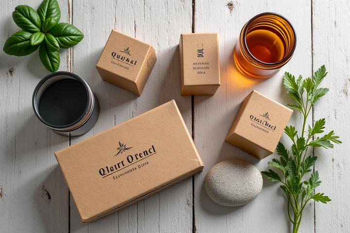 Eco-friendly shaving products and packaging on a natural wooden surface with green foliage