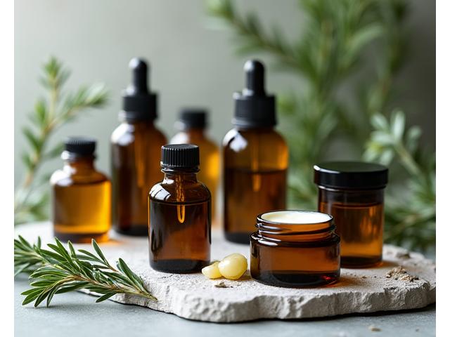 Assortment of artisan aftershave balms and oils with natural botanical ingredients