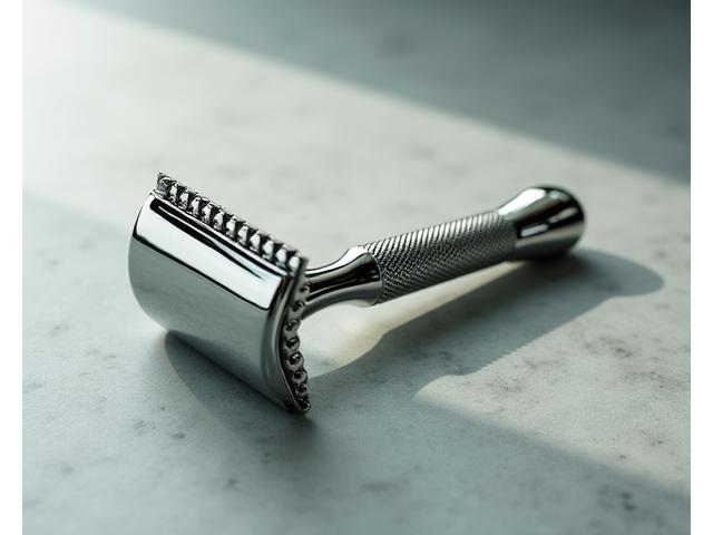 Close-up of a gleaming, premium safety razor with intricate handle details