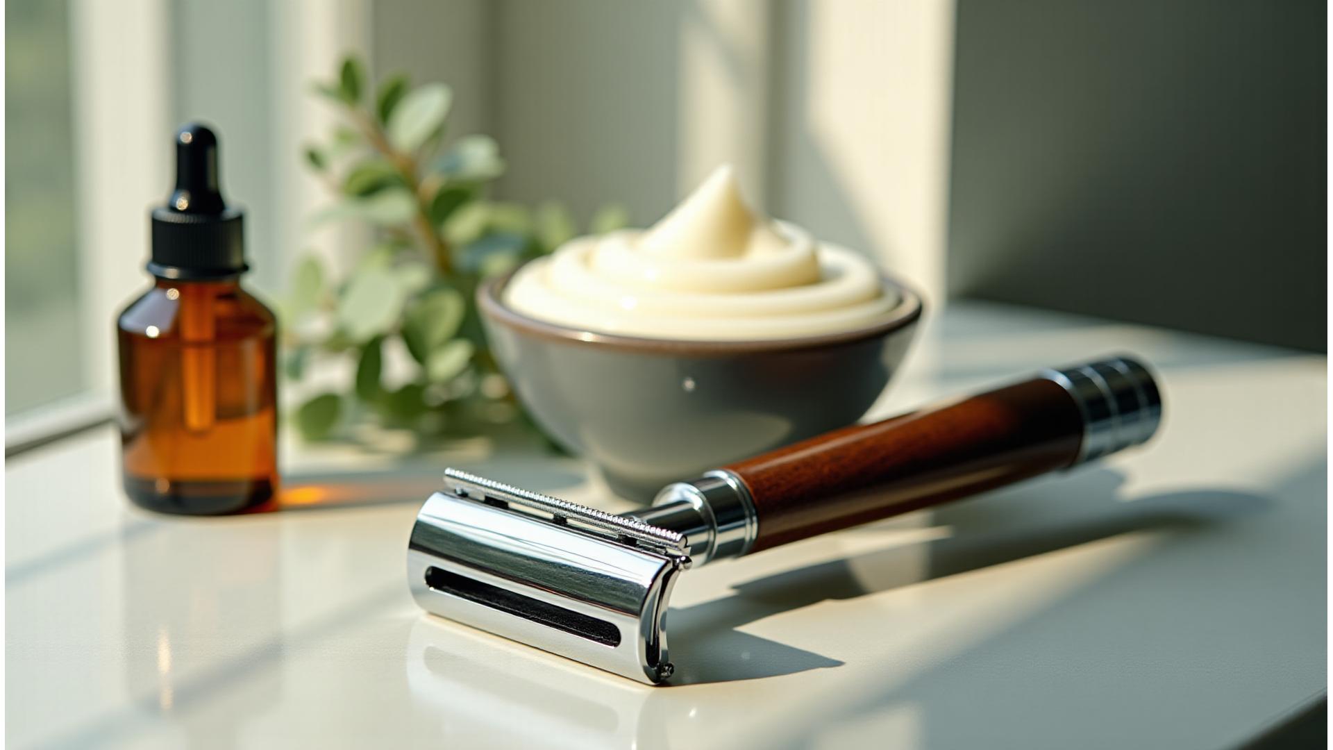 Elegant safety razor next to a bowl of rich shaving lather and natural aftershave balm, all on a smooth, understated ceramic tile, with gentle morning light