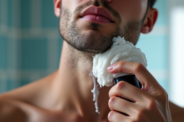 Man demonstrating proper wet shaving technique with a safety razor and rich lather