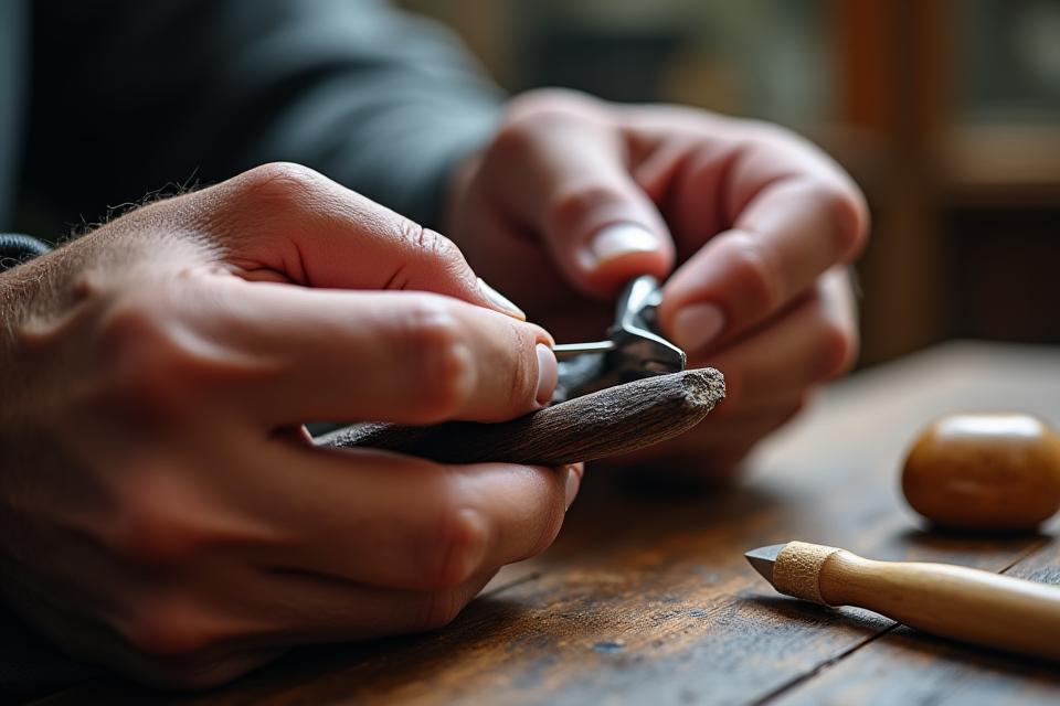 Detailed close-up of a master artisan's hands meticulously crafting a luxury razor handle from exotic wood, showcasing focus and traditional tools.