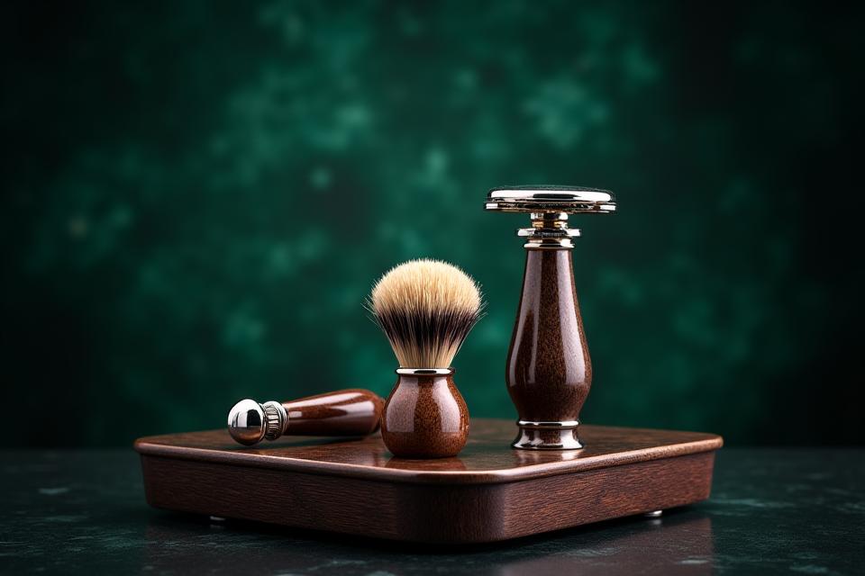 A meticulously arranged display of a premium razor, stand, and brush, appearing as cherished objects on a display plinth, evoking a sense of enduring value and heritage.