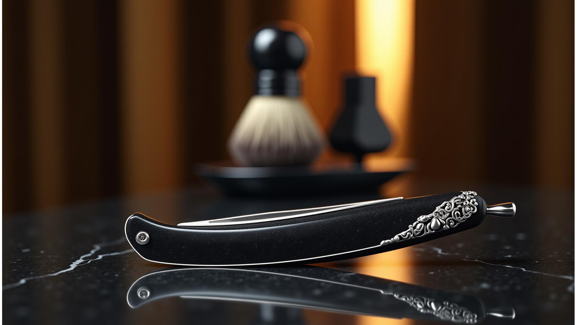 Close-up of a luxurious razor with intricate detailing and a rich, dark handle, gleaming under soft light, accompanied by a premium shaving brush and a small bottle of aftershave on a polished marble surface.