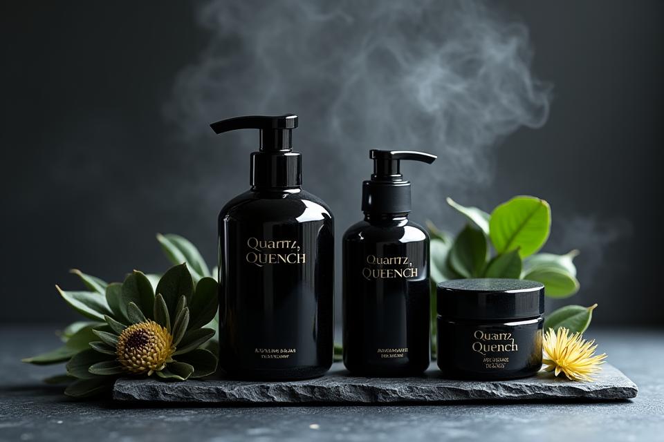 Elegant dark glass bottles and jars, containing premium aftershave balm and shaving cream, artfully arranged on a dark, textured surface with subtle steam or mist in the background, suggesting lush ingredients.