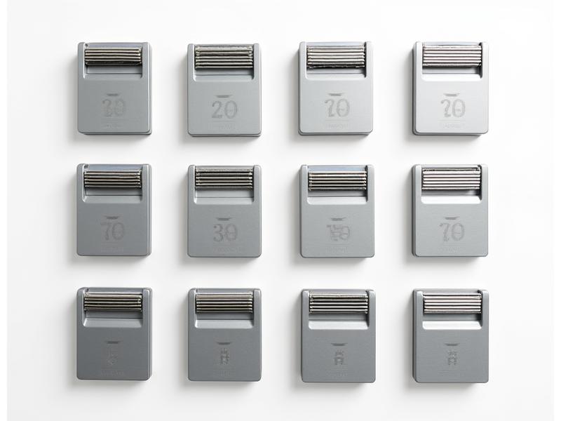 A meticulously arranged display of various razor blades from different brands, each in its original packaging, highlighting their diversity and precision.