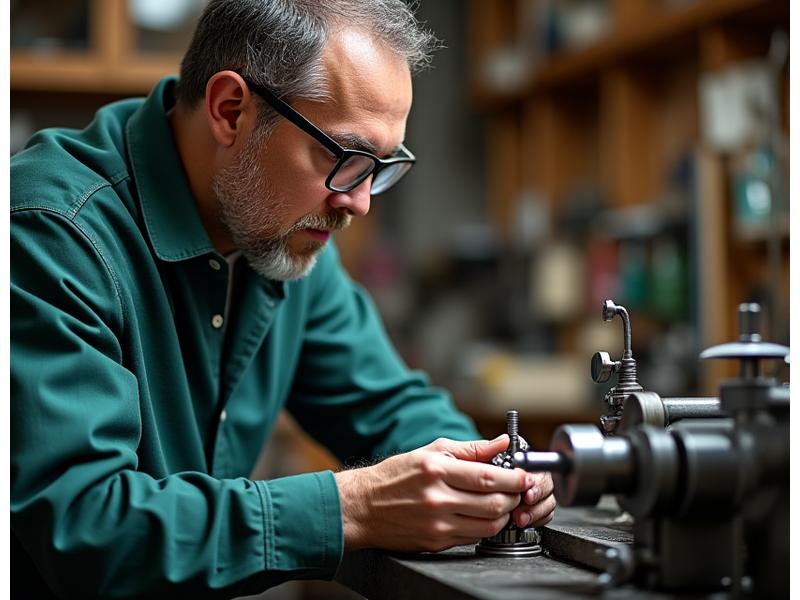 A skilled artisan, wearing protective glasses, meticulously working on a metal safety razor handle on a precision lathe in a well-lit workshop.