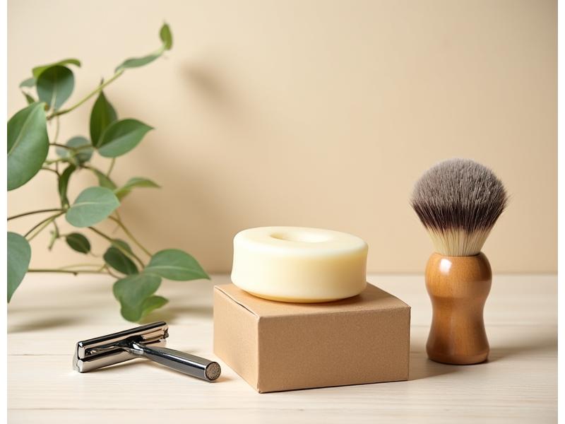 Various eco-friendly shaving products including a safety razor, shaving soap bar, and bamboo brush, presented on a natural wooden surface with minimalist, recyclable packaging.