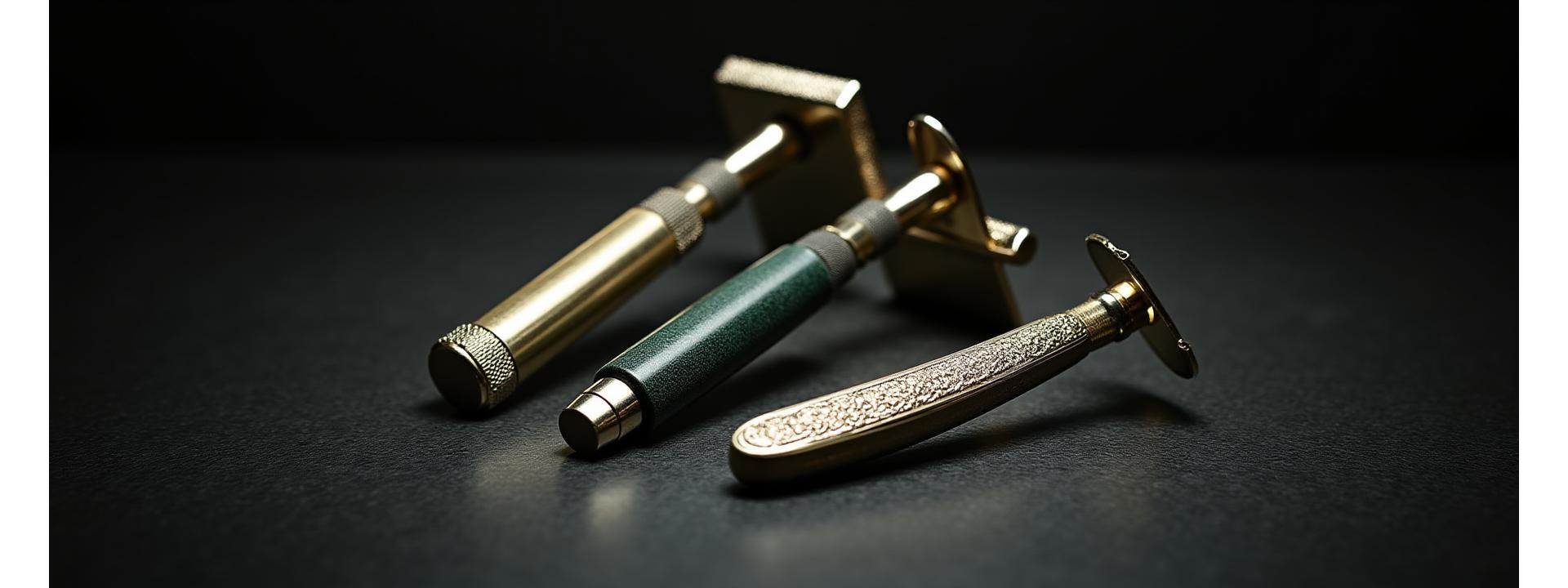 Close-up of a classic silver safety razor on a dark, polished wood surface, with soft, directional lighting highlighting its elegant design and craftsmanship.
