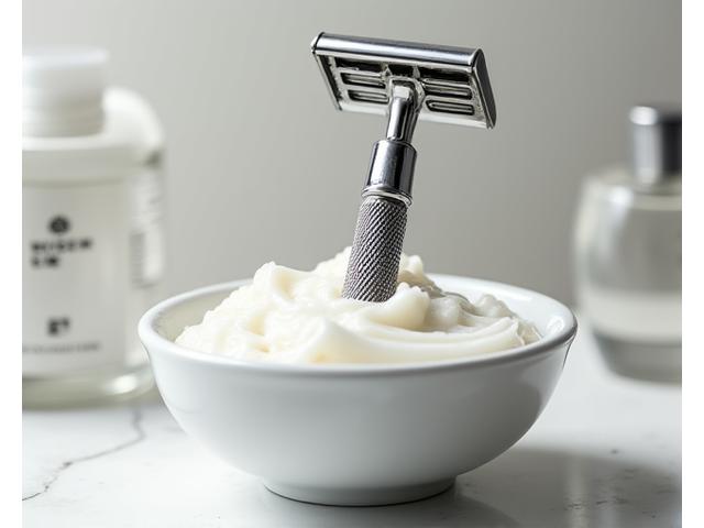 A classic chrome-plated safety razor with a knurled handle, resting on a porcelain shaving bowl with rich foamy lather.