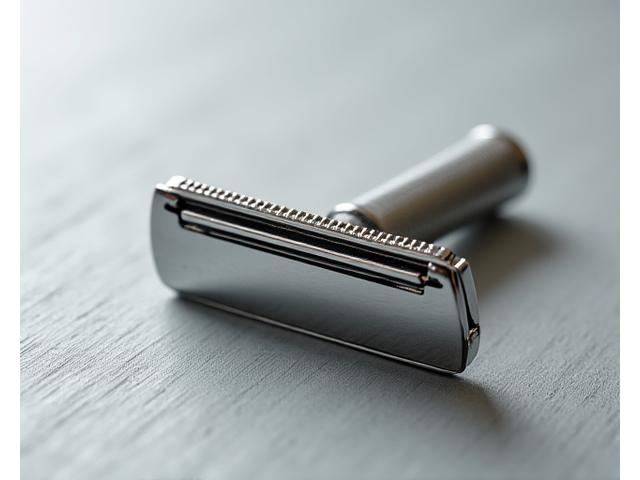 Close-up of a classic butterfly open safety razor head, showing a new double-edge blade inserted ready for use. Highlighted details of metalwork.