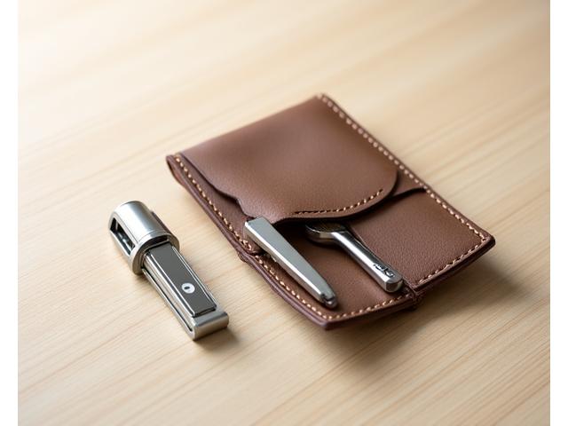 A compact travel shaving kit featuring a disassembled safety razor, a small shaving brush, and a leather travel pouch, all neatly arranged.