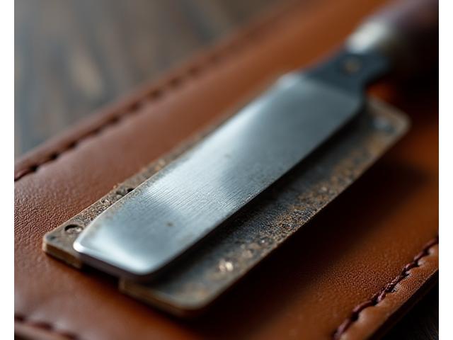 Close-up of a sharp, polished straight razor blade, resting on a leather strop, ready for sharpening. Soft focus on the handle and a clear focus on the blade edge.