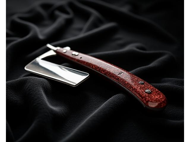 A straight razor with a polished mahogany handle and a sharp, gleaming stainless steel blade, laid elegantly on a black velvet cloth.