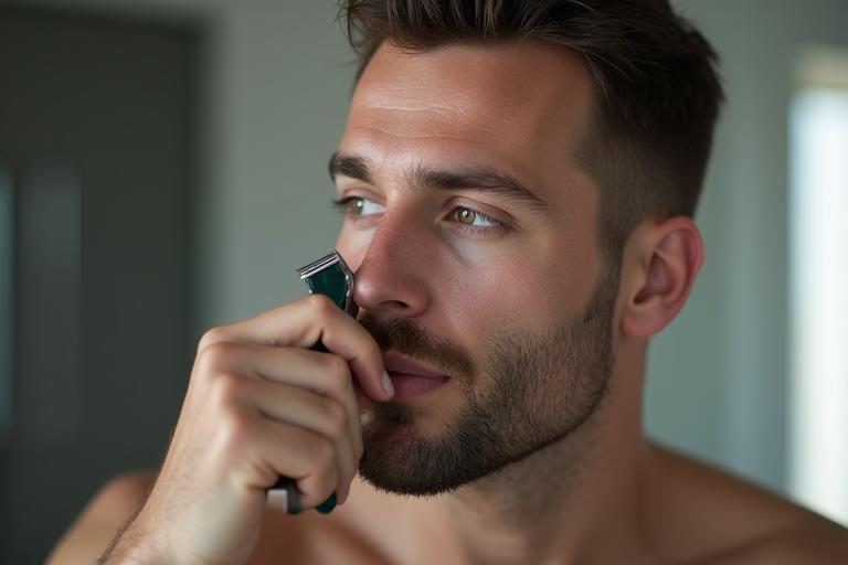 A man demonstrating proper light-touch shaving technique with a safety razor, focusing on minimal pressure on his face.