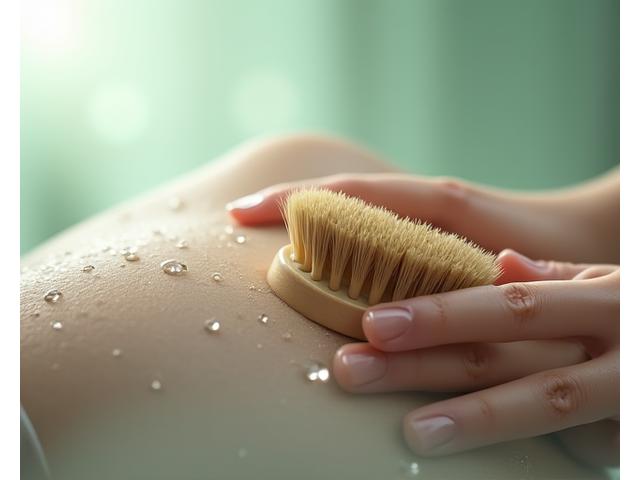 Close-up of a gentle, soft shaving brush on a smooth, serene wet skin surface, symbolizing comfort and care for sensitive skin.