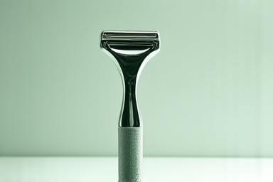 A sleek, silver safety razor with a carefully guarded blade, designed for minimal skin exposure and reduced irritation.