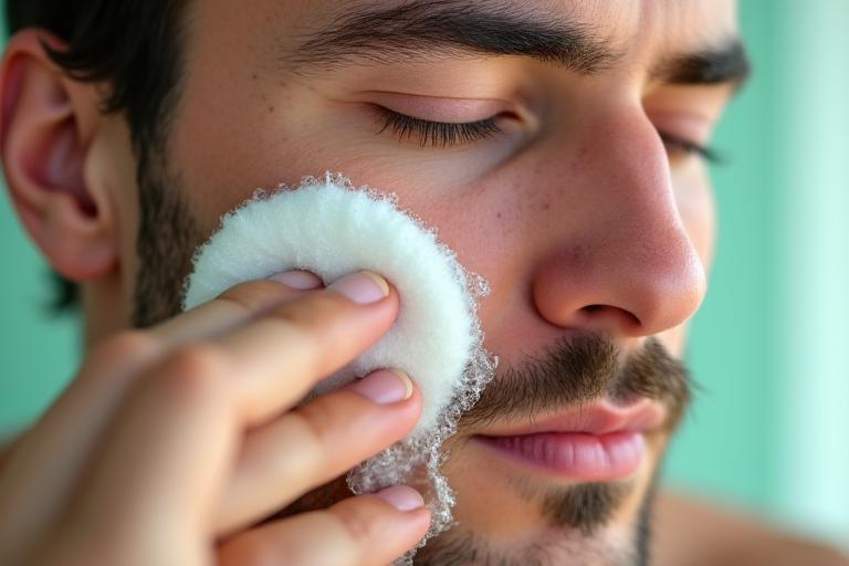 A soothing compress being gently applied to a man's cheek after shaving, indicating care and relief from irritation.