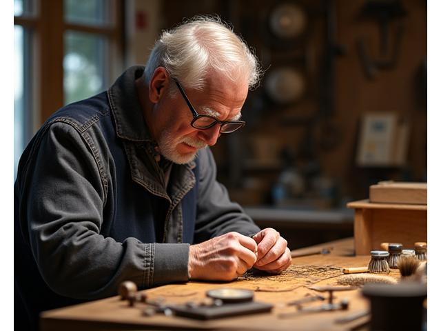 A seasoned artisan intently hand-tying bristles to a shaving brush handle in a traditional workshop, tools scattered around