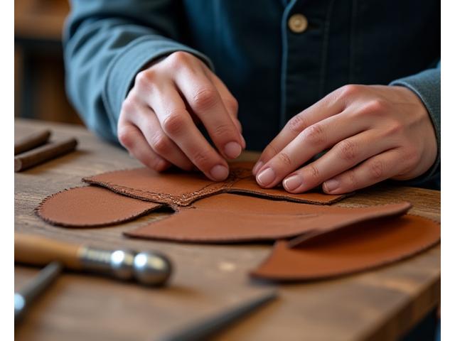 A leatherworker's hands stitching fine leather for a travel kit with traditional tools in a well-lit studio