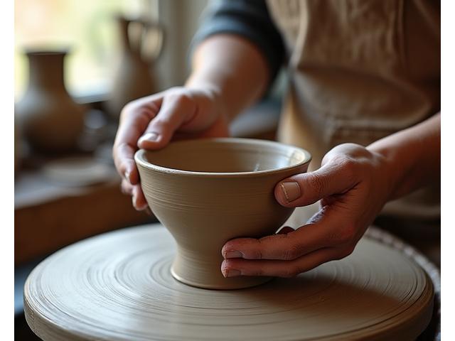 A potter's hands gently shaping clay on a spinning wheel, creating a ceramic shaving bowl in a sunlit studio