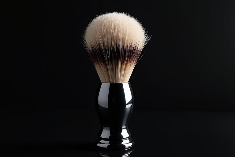 Luxurious silver-tipped badger hair shaving brush with a sleek chrome stand, casting a soft shadow
