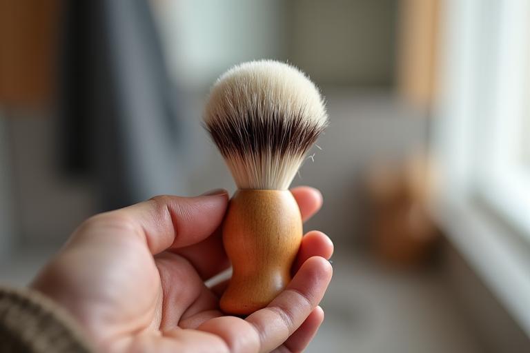 Modern synthetic fiber shaving brush with a warm wooden handle, held delicately in a man's hand ready to lather