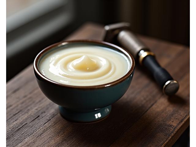 Elegant handcrafted ceramic shaving bowl with rich lather inside, next to a razor on a rustic wooden surface