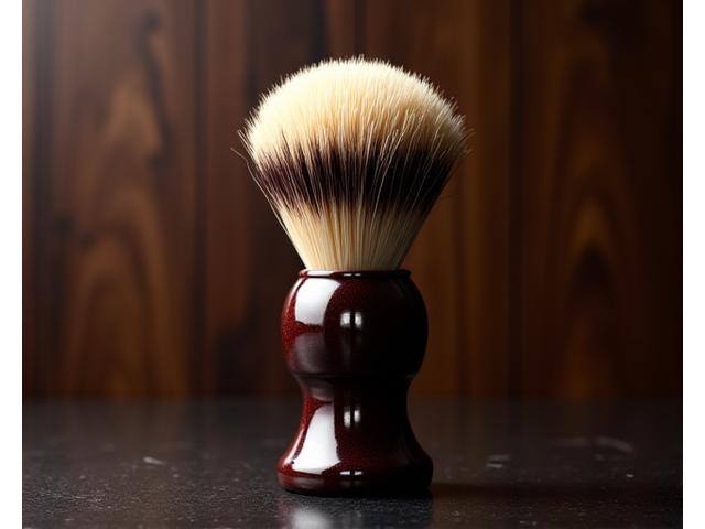 Close-up of a high-quality badger hair shaving brush with a polished handle on a dark, reflective surface