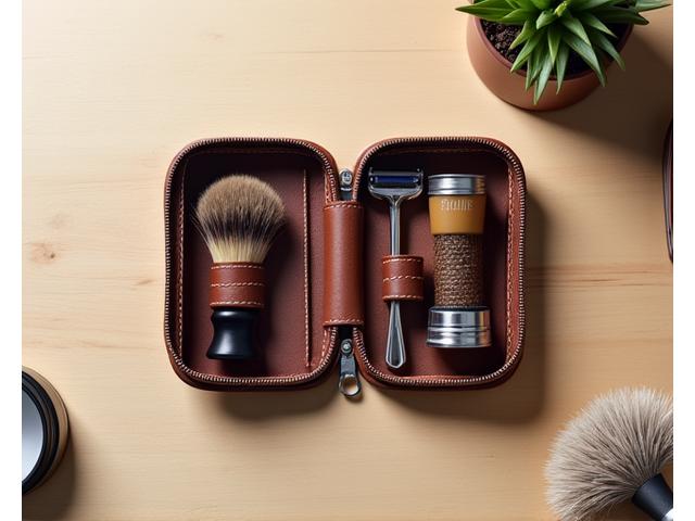 A compact, neatly packed leather travel shaving kit with miniature brush, razor, and balm on a wooden desk