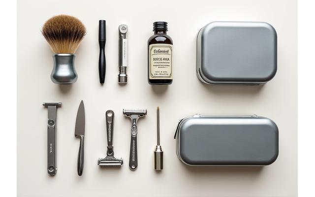 Customizable travel kit components laid out: various razors, brush heads, and small bottles, allowing personalization