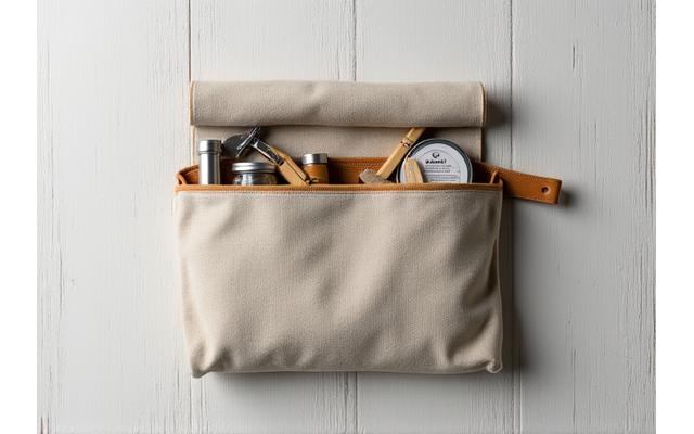 Eco-friendly canvas travel Dopp kit unrolled to show bamboo razor, solid shave soap, and small containers, emphasizing sustainable travel